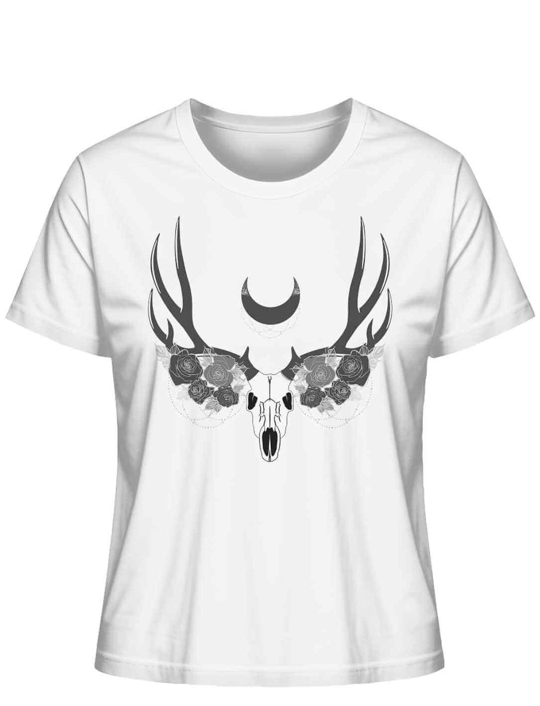 Weisses Lunas Mondgeweih Damen-T-Shirt flach dargestellt auf weissem Hintergrund, mit einem kontrastierenden dunklen Geweih- und Schädelmotiv unter einer Mondsichel.