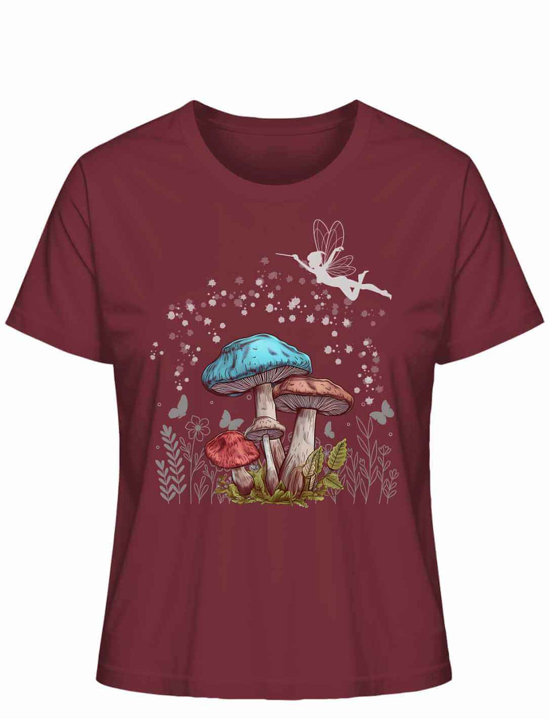 Magic Mushrooms Damen T-Shirt in Burgund – märchenhaftes Design trifft auf warme Waldbeere-Töne