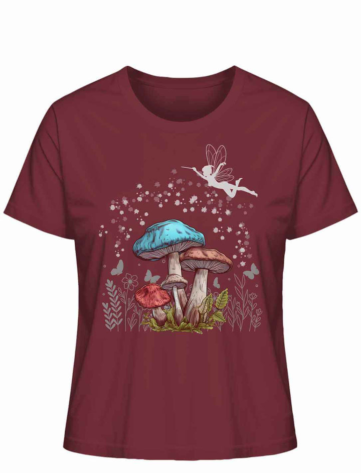 Magic Mushrooms Damen T-Shirt in Burgund – märchenhaftes Design trifft auf warme Waldbeere-Töne