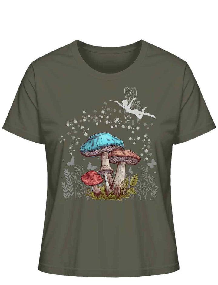 Magic Mushrooms Damen T-Shirt in Khaki – naturverbundenes Feenmotiv auf moosgrünem Untergrund