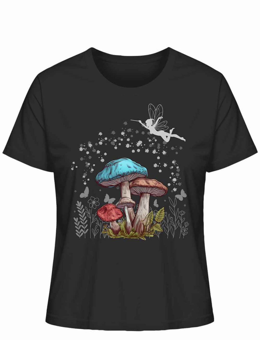 Magic Mushrooms Damen T-Shirt in Schwarz – mystisches Pilz- und Feenmotiv auf tiefdunklem Stoff