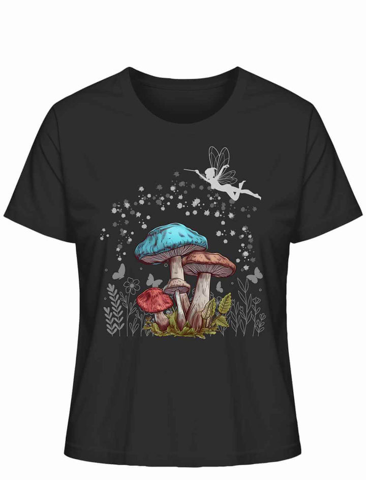 Magic Mushrooms Damen T-Shirt in Schwarz – mystisches Pilz- und Feenmotiv auf tiefdunklem Stoff