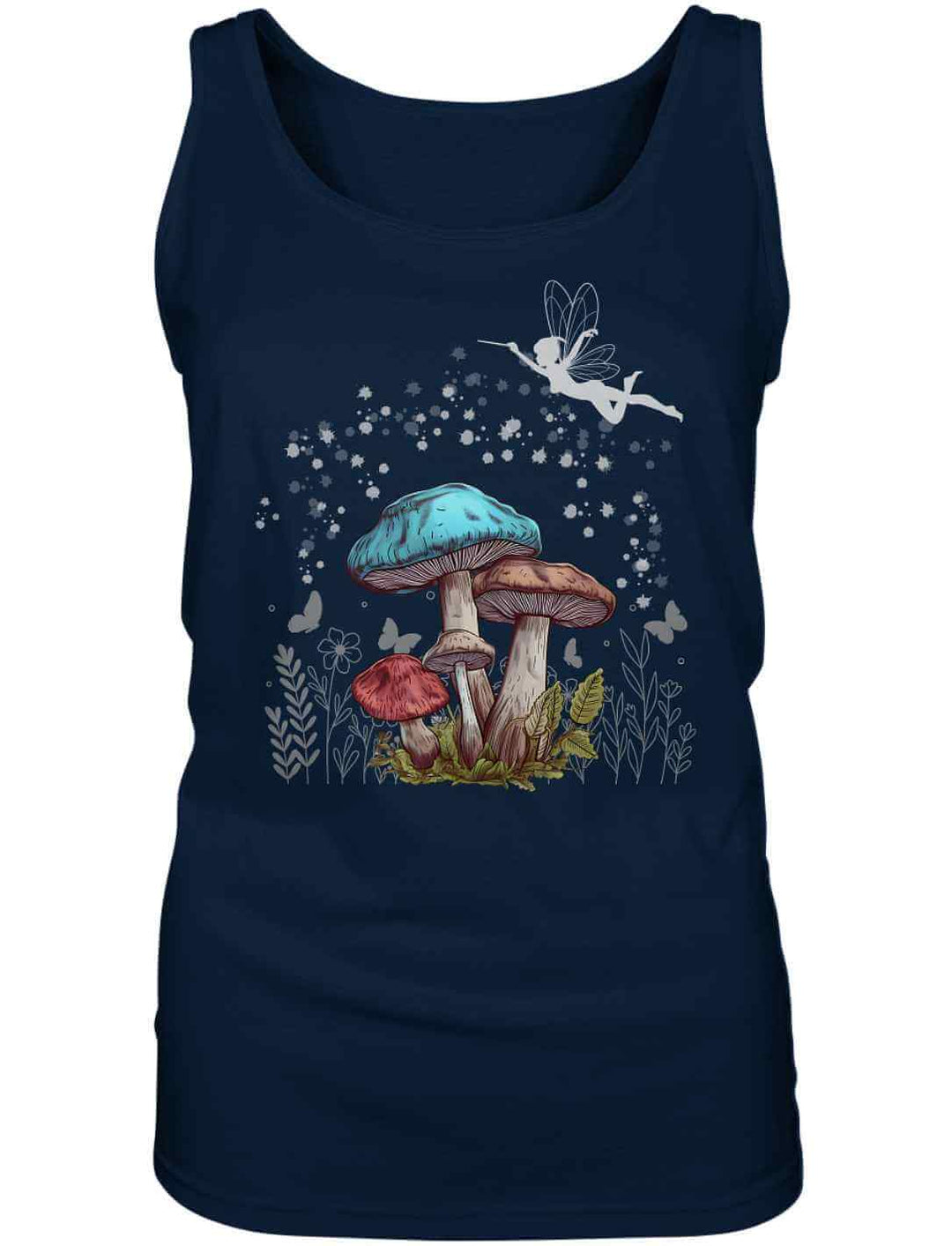 Magic Mushrooms Damen Tanktop in Dunkelblau – verspieltes Waldmotiv mit Feenstaub und Pilzen