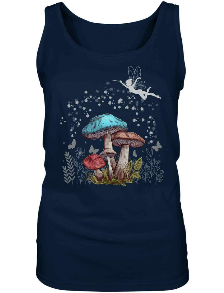 Magic Mushrooms Damen Tanktop in Dunkelblau – verspieltes Waldmotiv mit Feenstaub und Pilzen