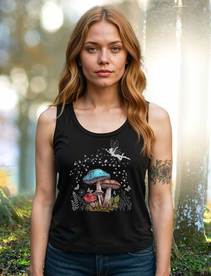 Model trägt schwarzes Damen Tanktop mit Magic Mushrooms Motiv – Fee, Pilze und Natur – im mystischen Wald