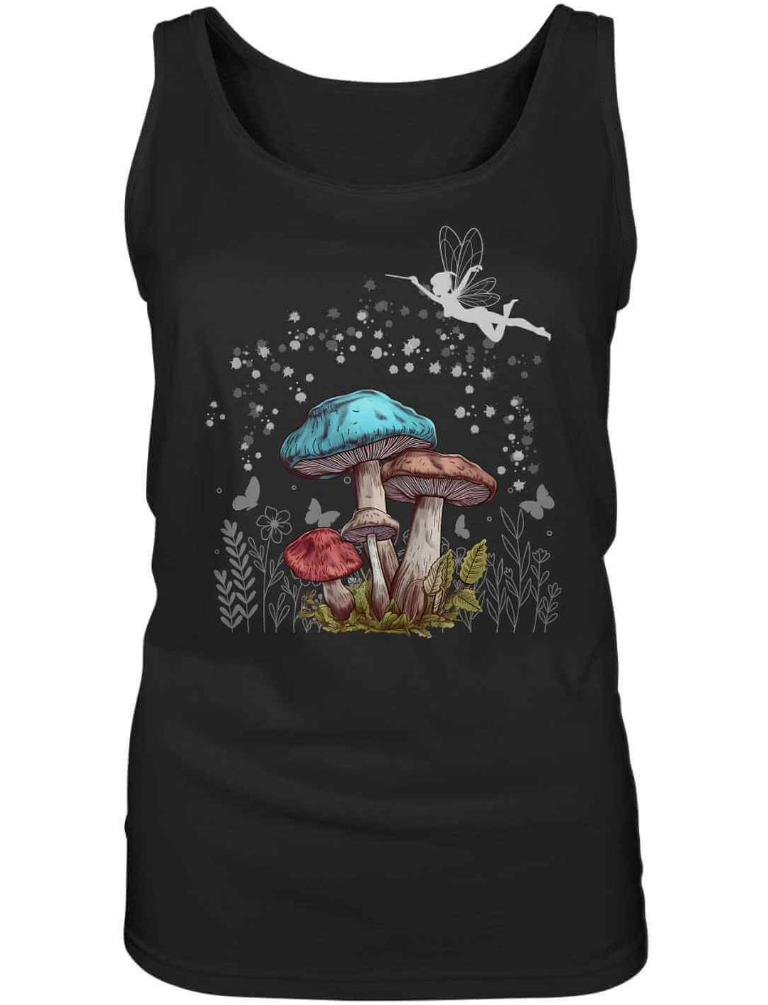 Magic Mushrooms Tanktop in Schwarz – Motiv mit Pilzen und Fee auf Baumwolle