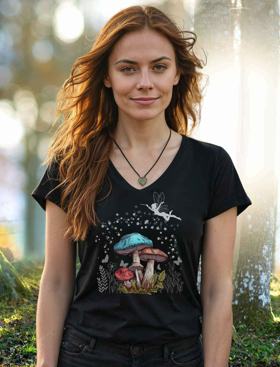 Frau trägt schwarzes Damen V-Neck Shirt „Magic Mushrooms“ mit Fee und Pilzmotiv im magischen Wald
