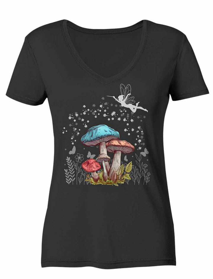 Schwarzes Damen V-Neck Shirt mit Fantasy-Motiv: Fee und Pilze aus 100% Baumwolle