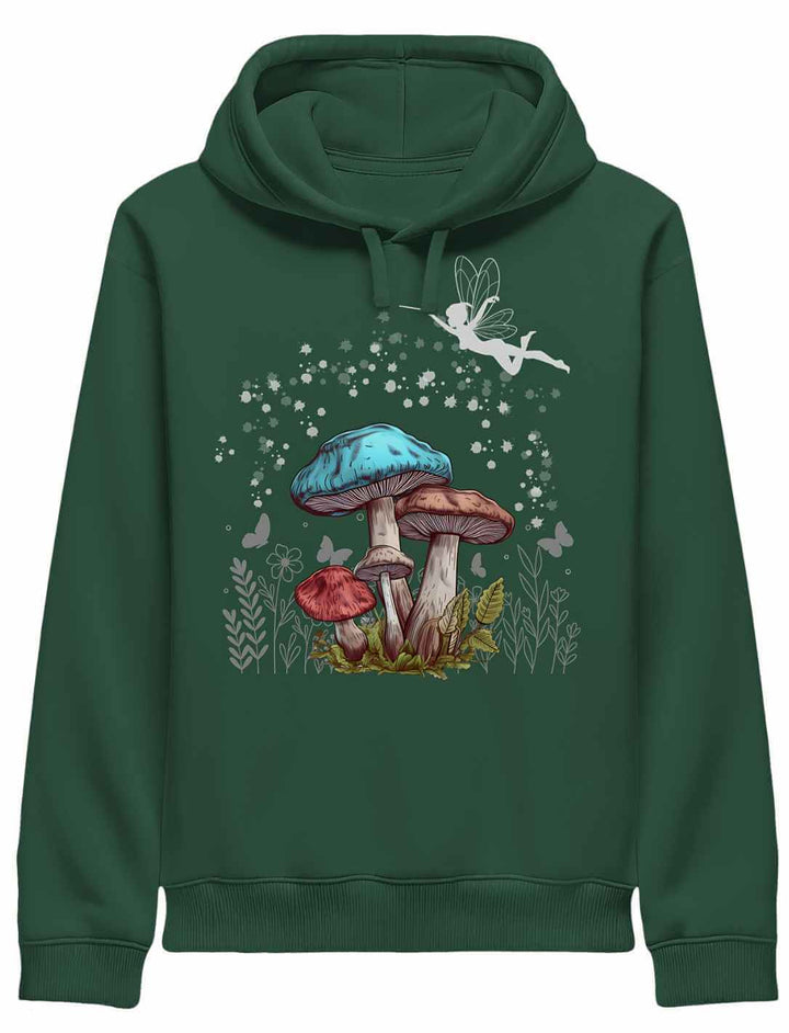 Bottle Green Hoodie mit Magic Mushrooms Design – Naturverbundenheit trifft Märchenzauber