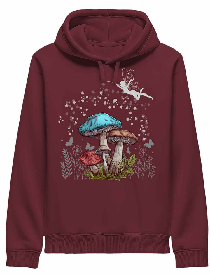 Magic Mushrooms Hoodie in tiefem Burgund – magischer Feenwald in warmem Farbton