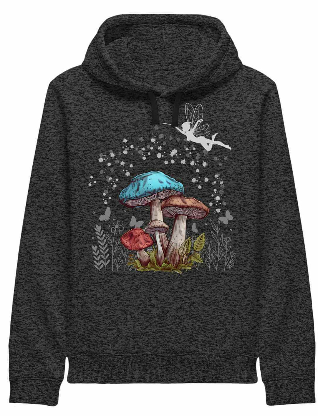 Magic Mushrooms Hoodie in Dark Heather Grey – magische Pilze & Fee auf sanft meliertem Grau