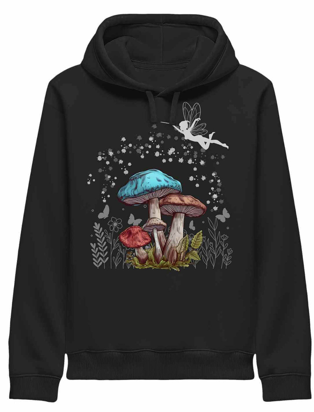 Frontansicht des Magic Mushrooms Hoodie in Schwarz – mystisches Design mit Feen & Pilzen