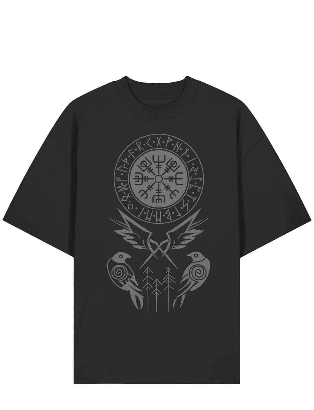 Schwarzes Oversized T-Shirt mit hellgrauem Vegvisir, Runenring und Rabenmotiv – Symbolik aus der nordischen Mythologie.