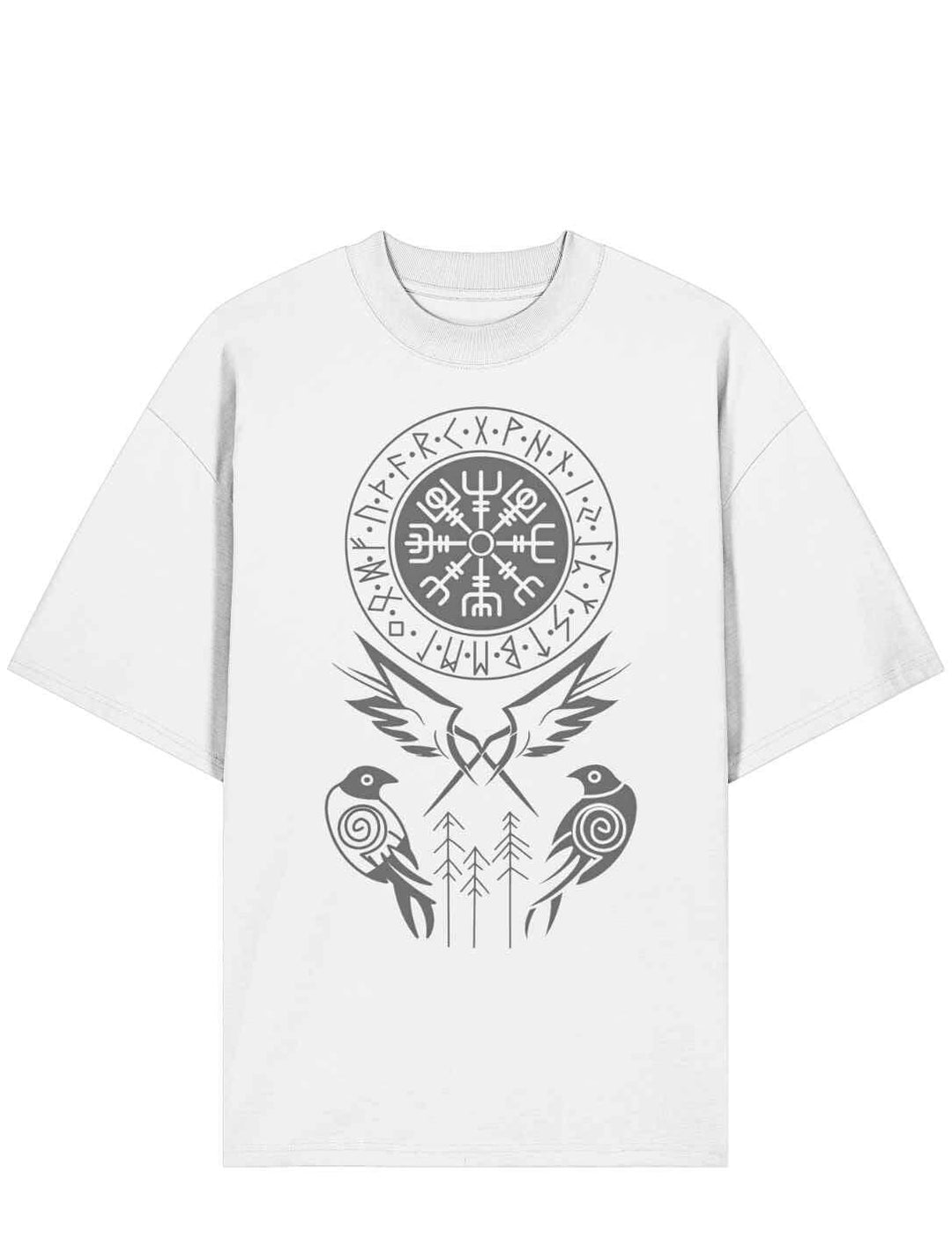 Weißes Oversized Unisex T-Shirt mit dunkelgrauem Druck: Vegvisir, Runenkreis und Raben Hugin & Munin.