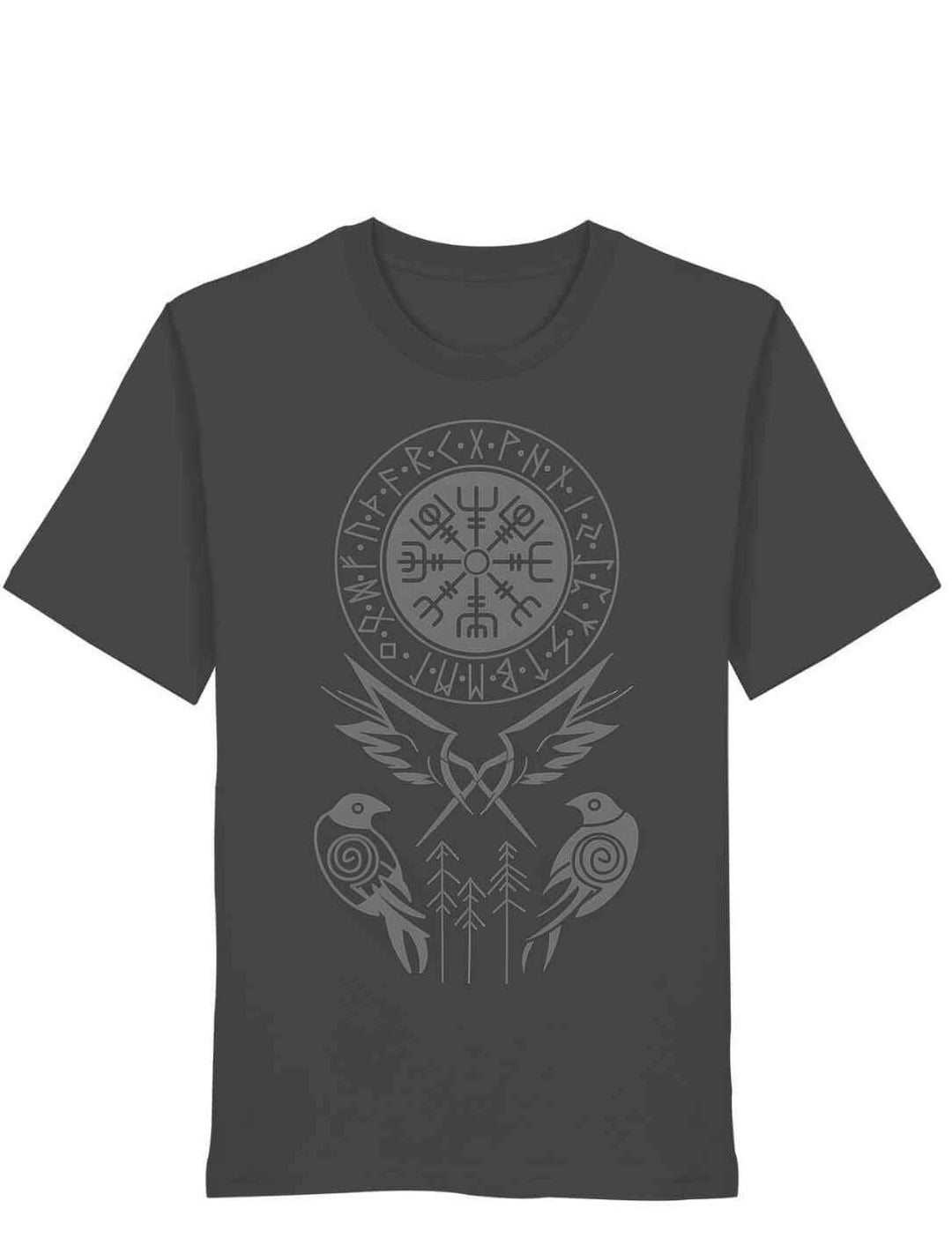 Unisex T-Shirt in Anthrazit mit Vegvisir, Runenring und stilisierten Raben als Symbol nordischer Weisheit.