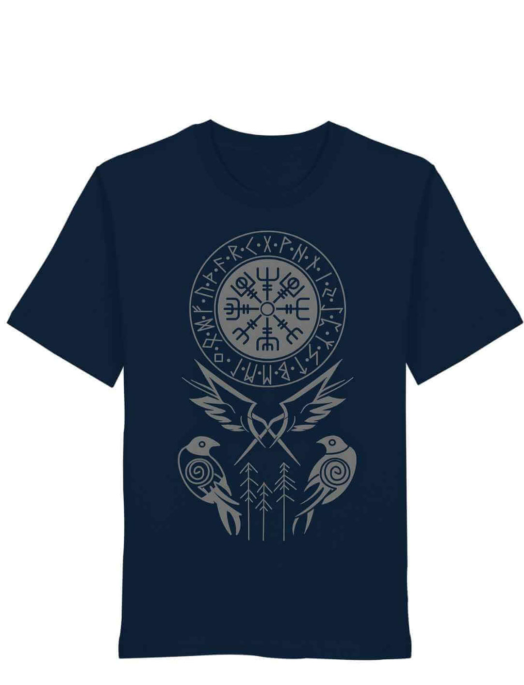 Unisex T-Shirt in dunklem French Navy mit mystischem Runenkreis und nordischen Symbolen in hellem Druck.