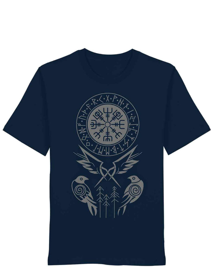 Unisex T-Shirt in dunklem French Navy mit mystischem Runenkreis und nordischen Symbolen in hellem Druck.