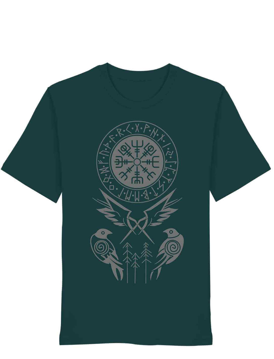 Glazed Green T-Shirt mit kraftvollem Druck: Runenkreis, Vegvisir und zwei Raben – inspiriert von Odin.
