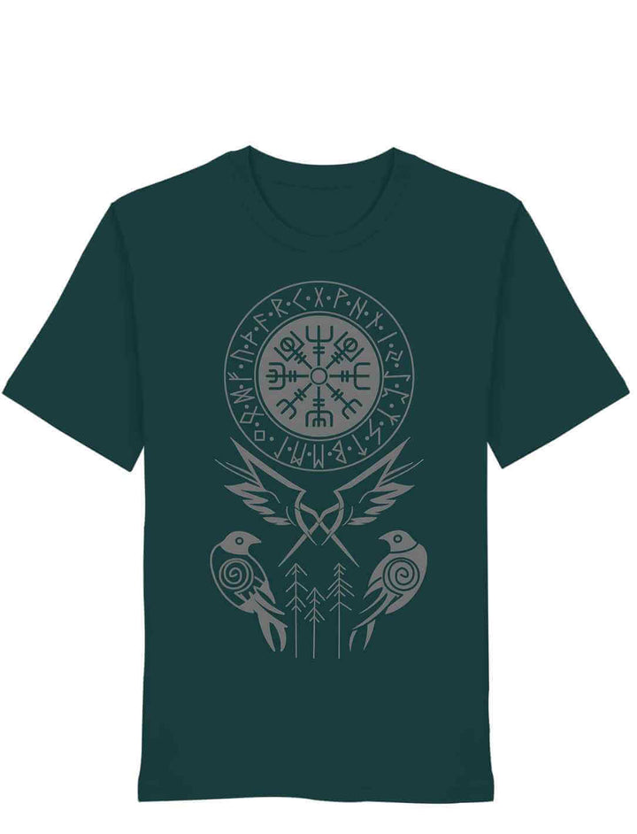 Glazed Green T-Shirt mit kraftvollem Druck: Runenkreis, Vegvisir und zwei Raben – inspiriert von Odin.