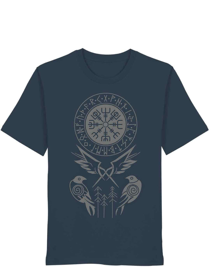 India Ink Grey T-Shirt mit mystischem Raben-Design und Runensymbolen für Orientierung und Schutz.