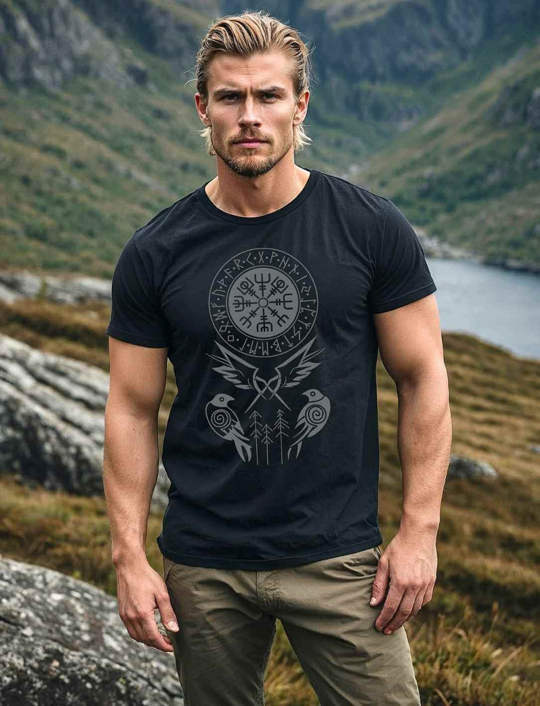 Model trägt das schwarze Unisex T-Shirt mit dem Motiv "Nordwind – Die Raben Odins", stehend in nordischer Berglandschaft.