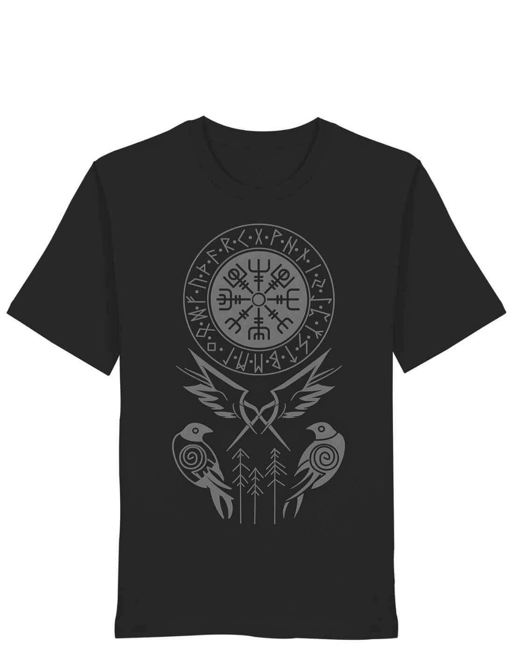 Schwarzes Unisex T-Shirt mit hellem Vegvisir- und Raben-Motiv aus nordischer Mythologie.