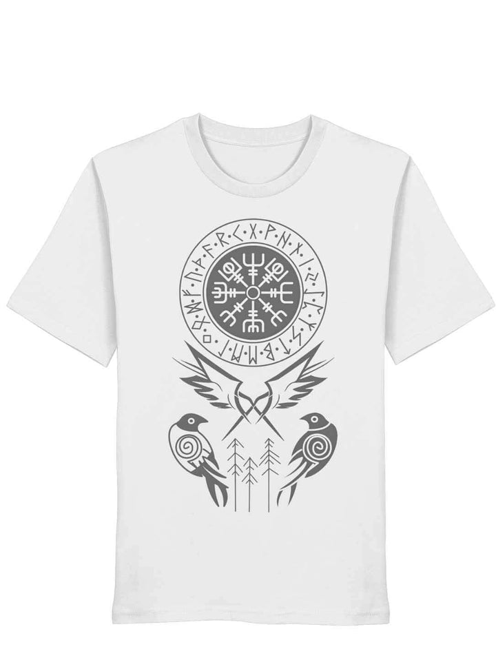 Weißes Unisex T-Shirt mit detailreichem Motiv aus Runenkreis, Vegvisir und Odins Raben Hugin & Munin.