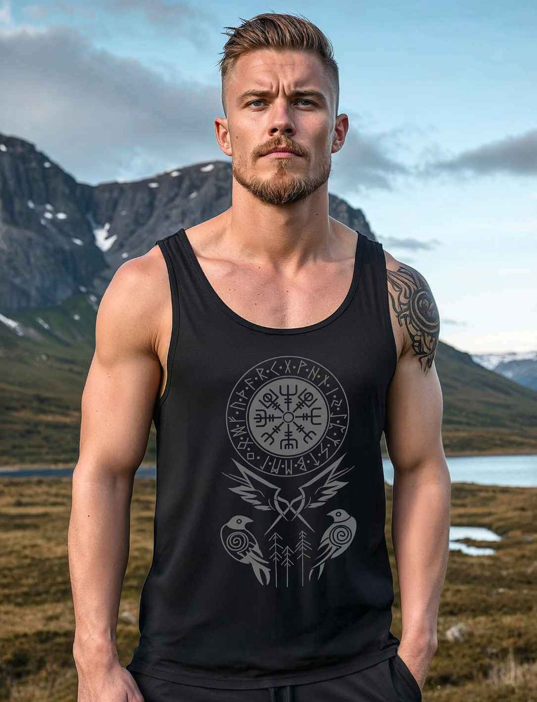 Model in schwarzem Tank Top mit nordischem Runen- und Rabenmotiv vor Gebirgslandschaft