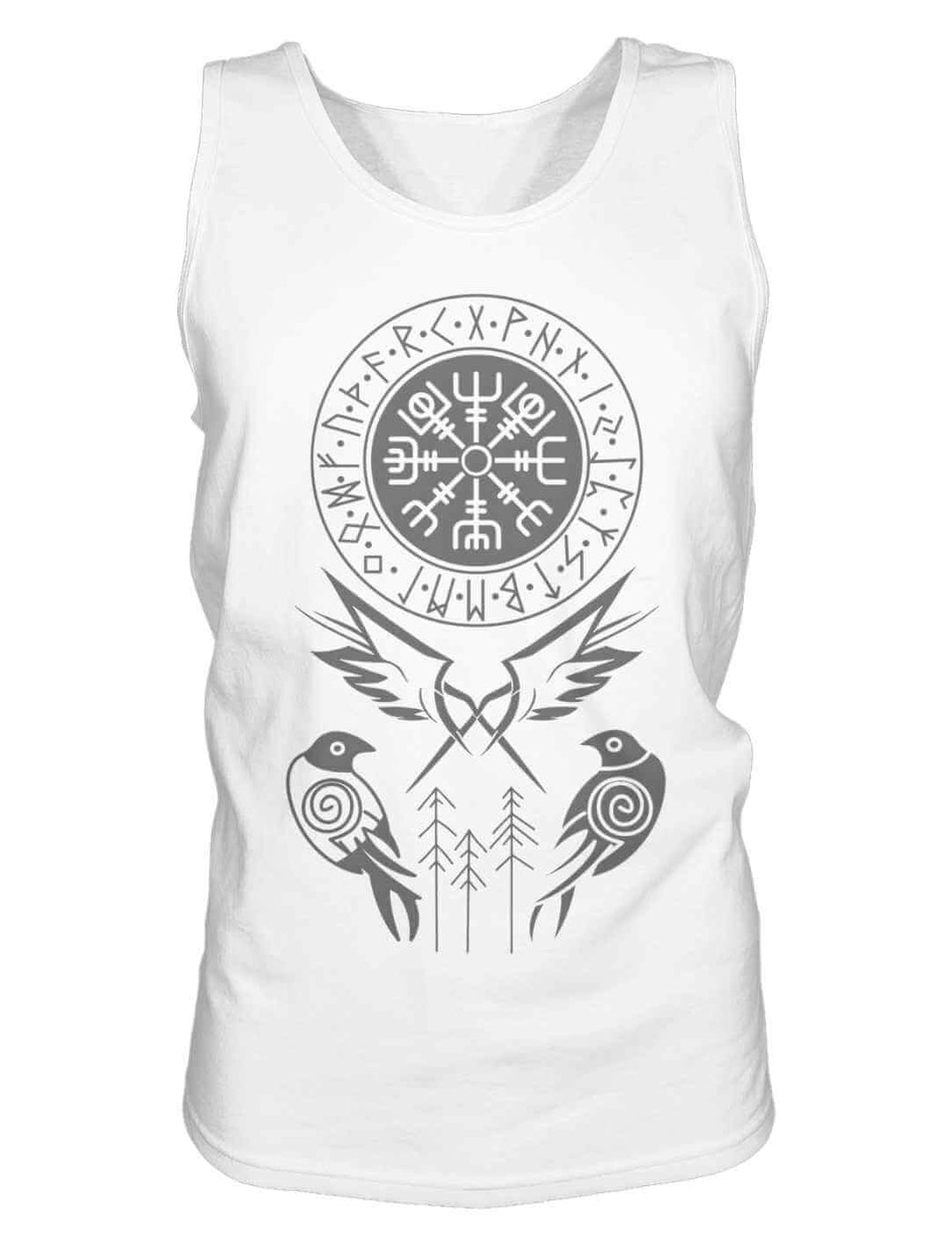 Weißes Tank Top mit Symbolik der nordischen Mythologie – Vegvisir und zwei stilisierte Raben