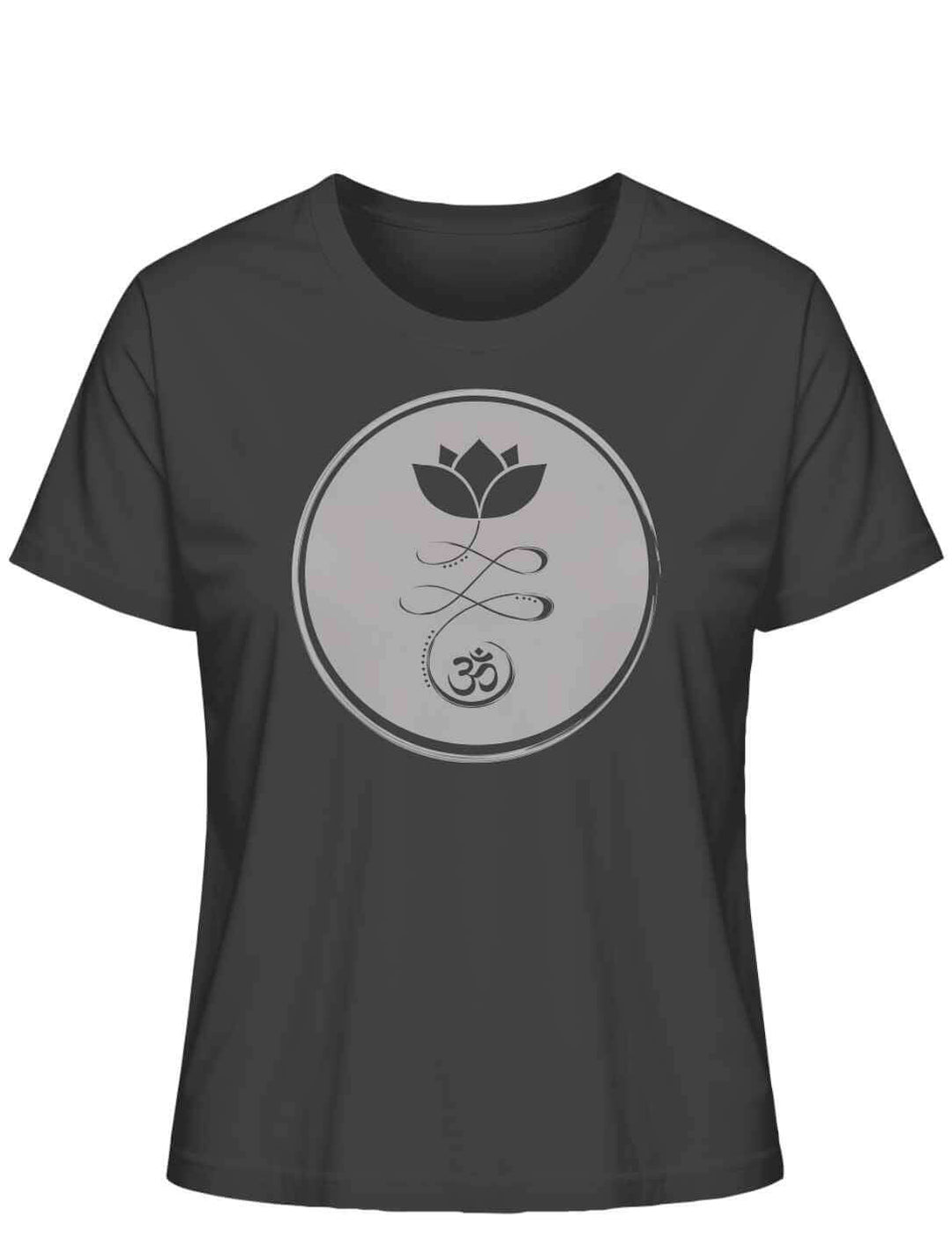 Om Florales Damen-T-Shirt in edlem anthrazit, eine harmonische Kombination aus Ruhe und Eleganz, auf weißem Hintergrund.