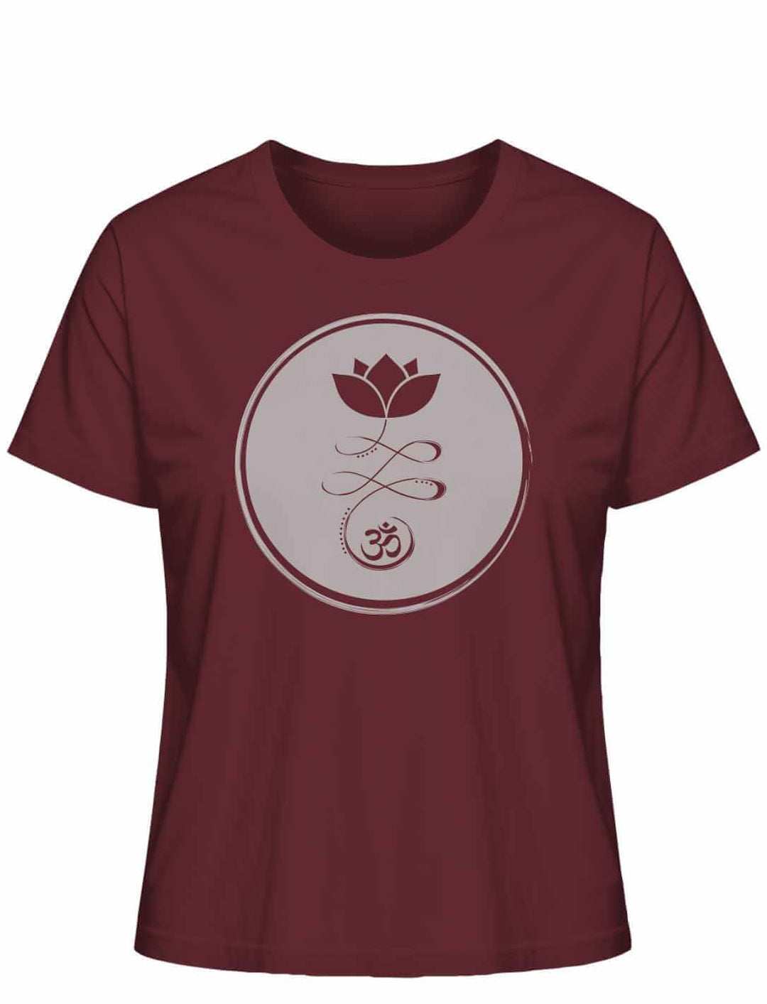 Om Florales Damen-T-Shirt in intensivem Burgund, eine kraftvolle Farbe für meditative Momente, auf weißem Hintergrund.