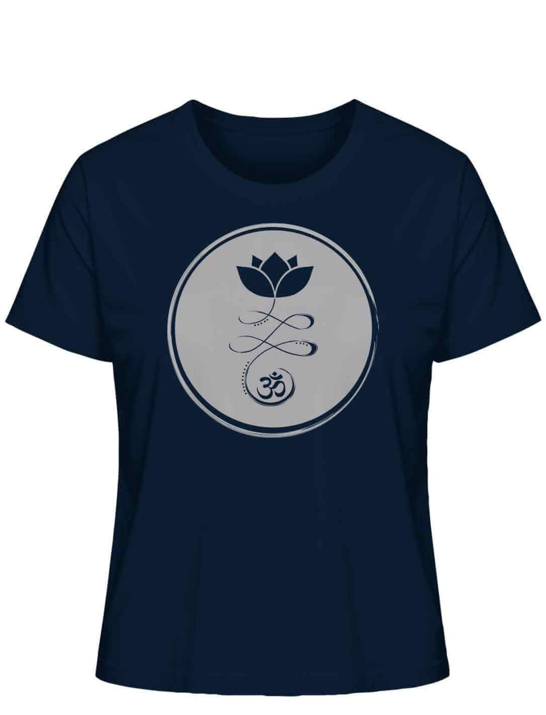 Om Florales Damen-T-Shirt in tiefem French Navy, stilvoll und beruhigend, perfekt für jeden Anlass, auf weißem Hintergrund.
