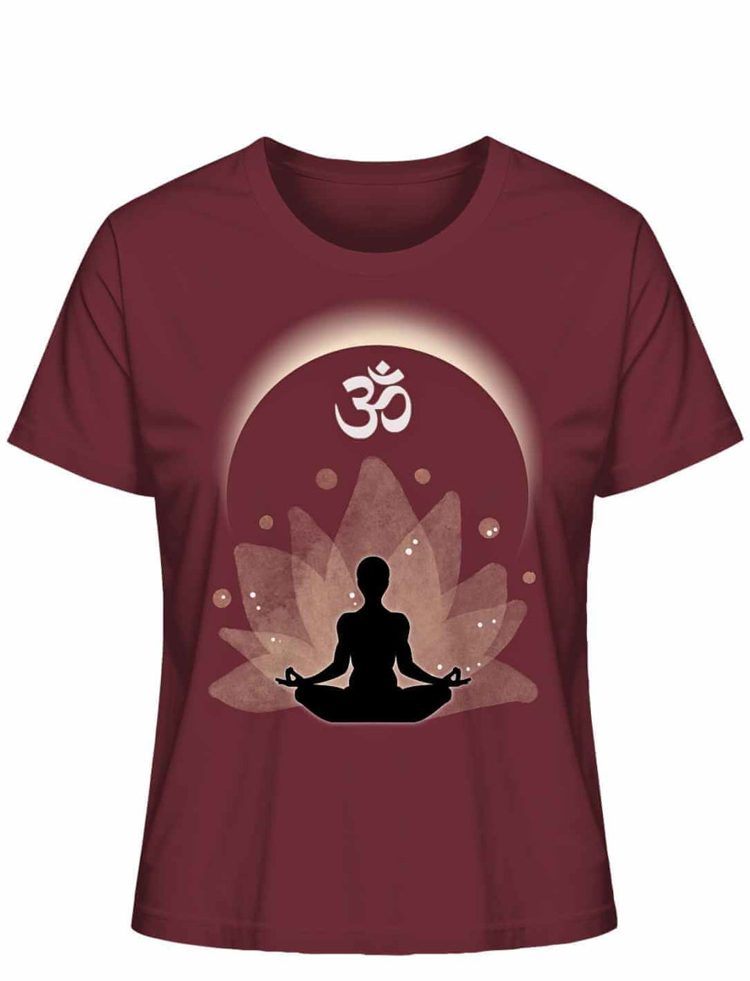 Om der Erleuchtung Damen T-Shirt in Burgund auf weißem Hintergrund – Spirituelles Design mit Om-Symbol und Lotusblume, perfekt für Meditationspraktizierende.