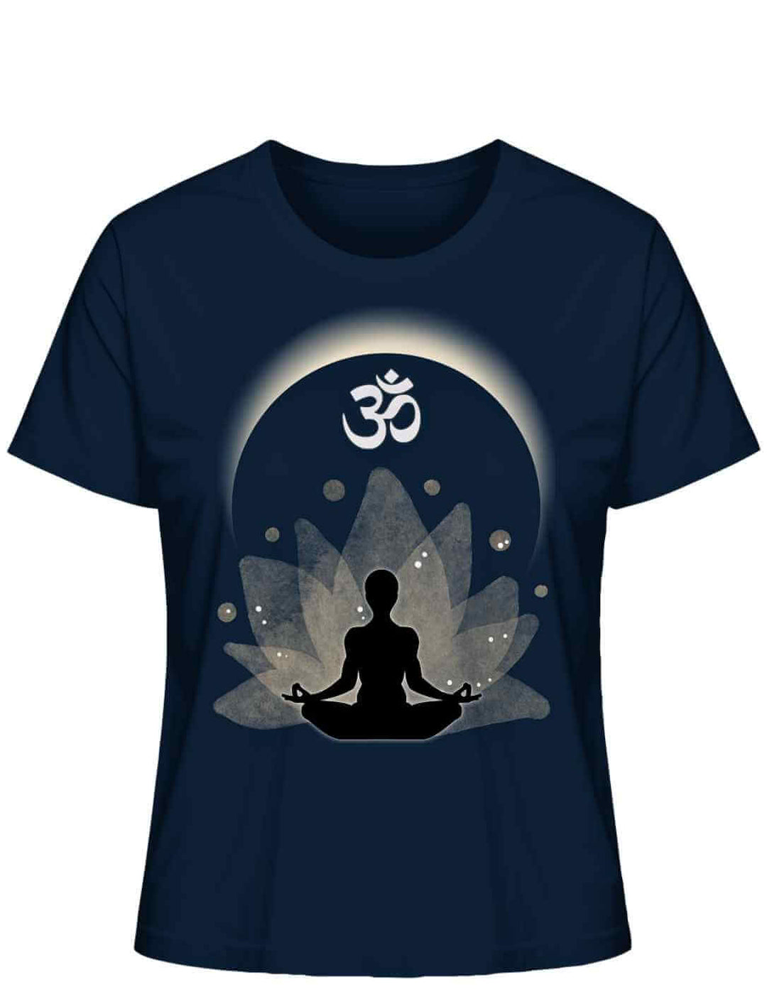 Om der Erleuchtung Damen T-Shirt in French Navy auf weißem Hintergrund – Tiefblaues T-Shirt mit Om-Symbol und Lotusblume, inspiriert von der spirituellen Reise.