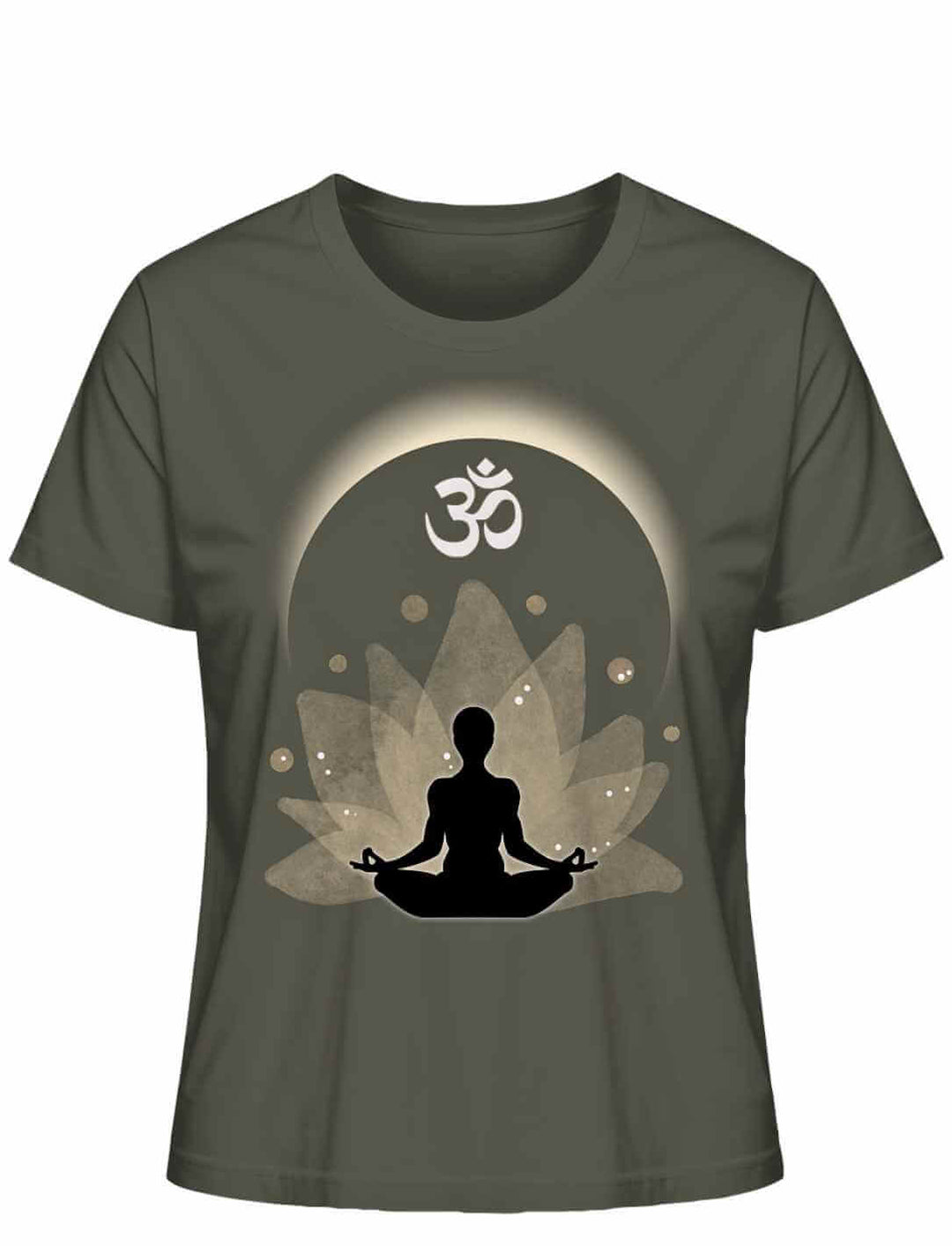Om der Erleuchtung Damen T-Shirt in Khaki auf weißem Hintergrund – Harmonisches Design mit Om-Symbol und Lotus, ideal für Yoga und Meditation.