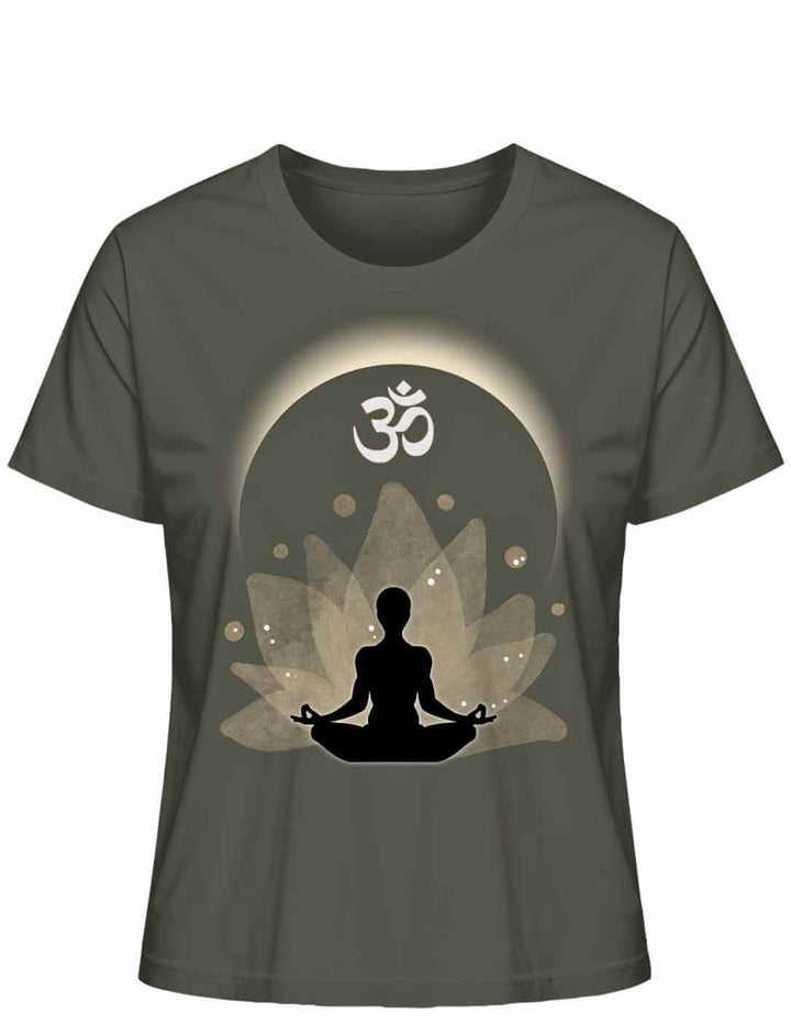 Om der Erleuchtung Damen T-Shirt in Khaki auf weißem Hintergrund – Harmonisches Design mit Om-Symbol und Lotus, ideal für Yoga und Meditation.