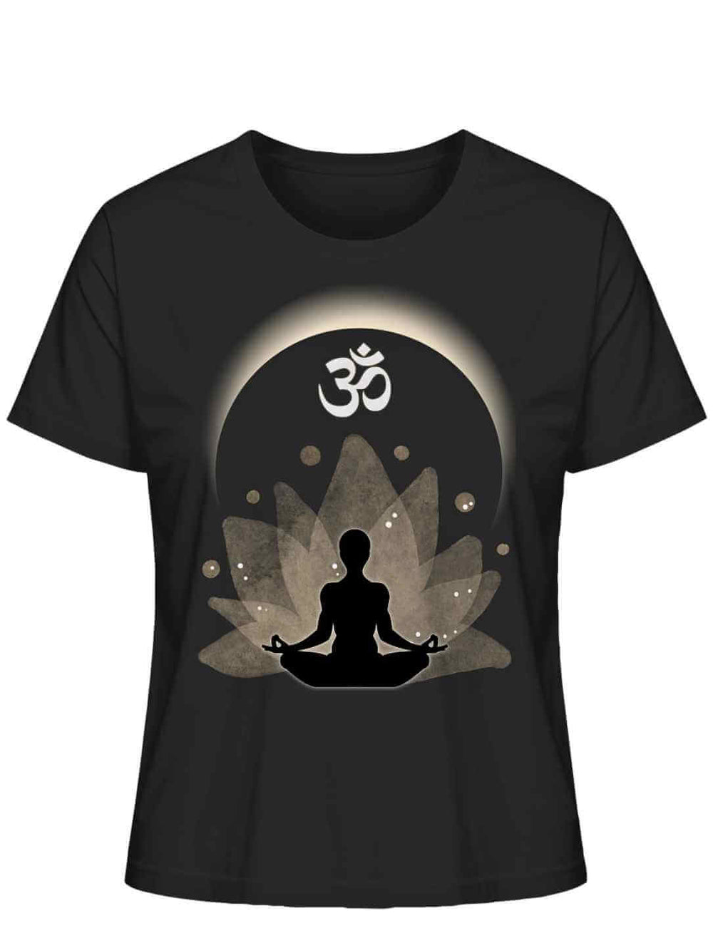 Om der Erleuchtung Damen T-Shirt in Schwarz auf weißem Hintergrund – Kraftvolles Om-Symbol und Lotusblume, inspiriert von Meditation und Erleuchtung.