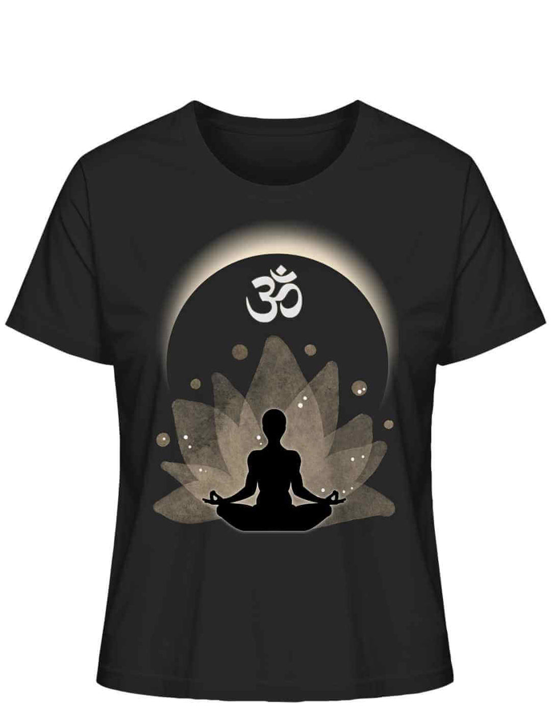 Om der Erleuchtung Damen T-Shirt in Schwarz auf weißem Hintergrund – Kraftvolles Om-Symbol und Lotusblume, inspiriert von Meditation und Erleuchtung.