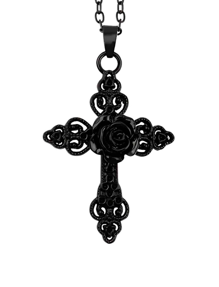 Schwarzes Rosenkreuz-Amulett Rosa Nocturna mit filigraner Kette aus Edelstahl