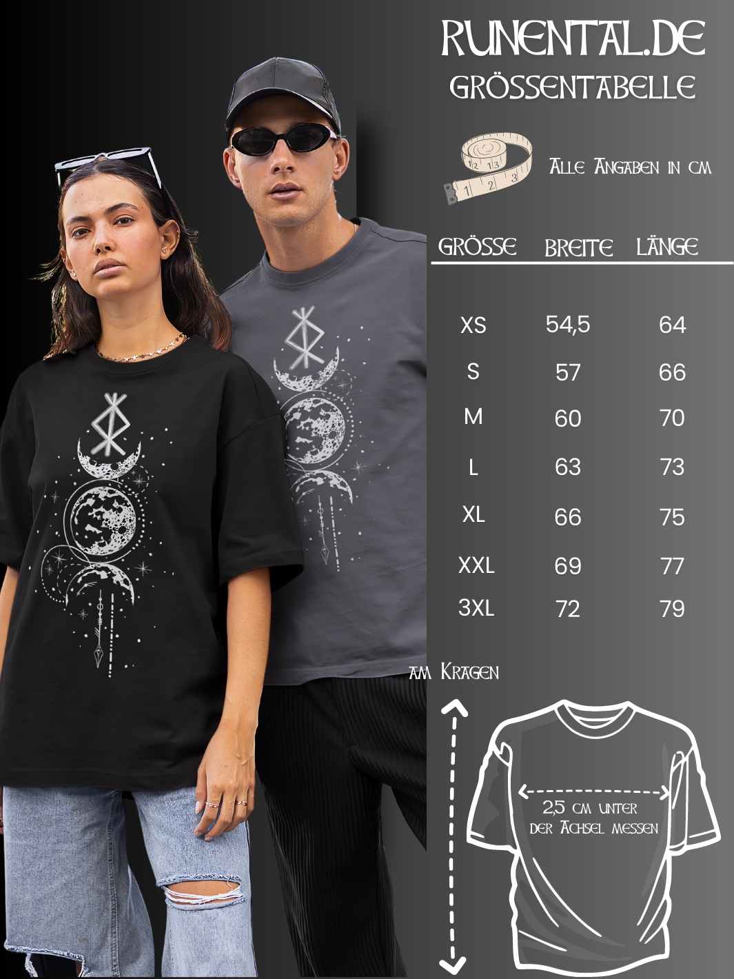 Oversized T-Shirt Größentabelle für Rune des Mondschein Wächters.