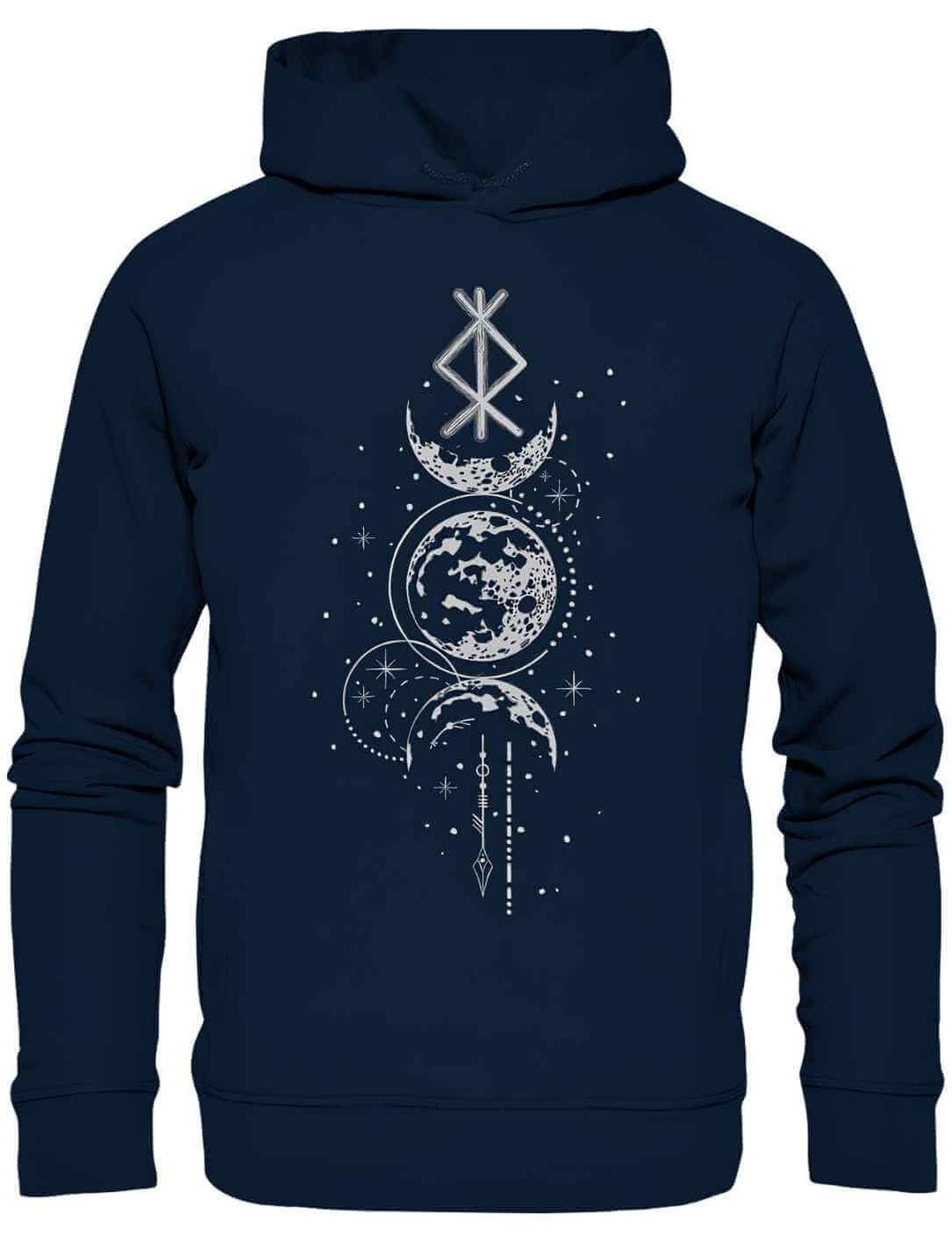 Rune des Mondschein Wächters Unisex Hoodie aus Bio-Baumwolle und recyceltem Polyester von Runental.de in french Navy