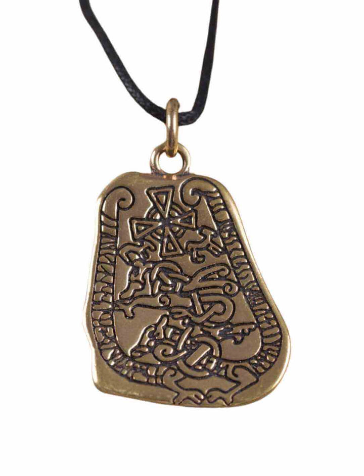 Detailreiche Darstellung eines Wikinger-Runensteins im Urnes-Stil, gefertigt aus Bronze, mit historischem und mythologischem Design.