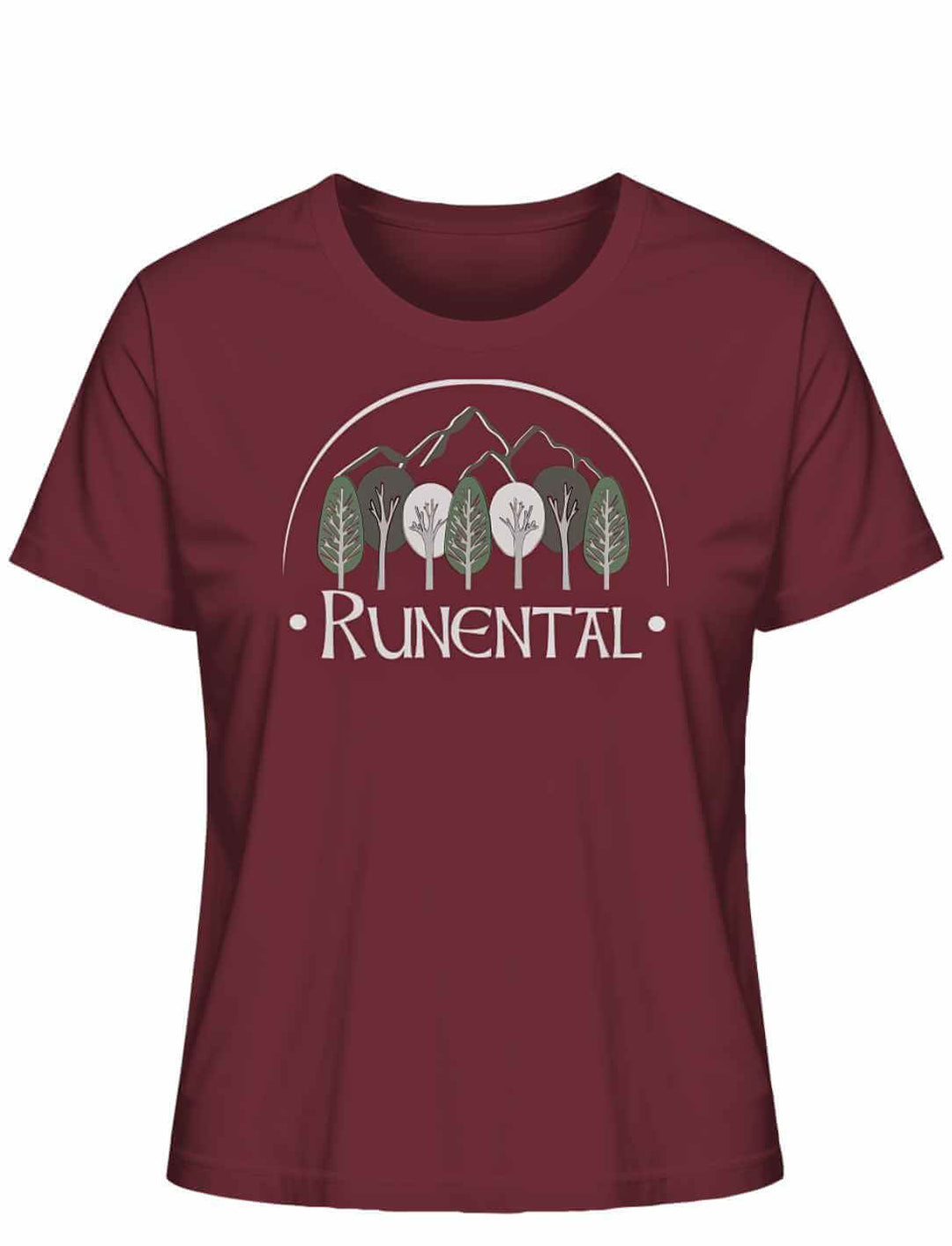 Burgunderrotes “Runental Fan-Kollektion” Damen Organic T-Shirt auf weißem Hintergrund, Frontalansicht – Ausdrucksstarke Farbgebung mit Runental-Design.