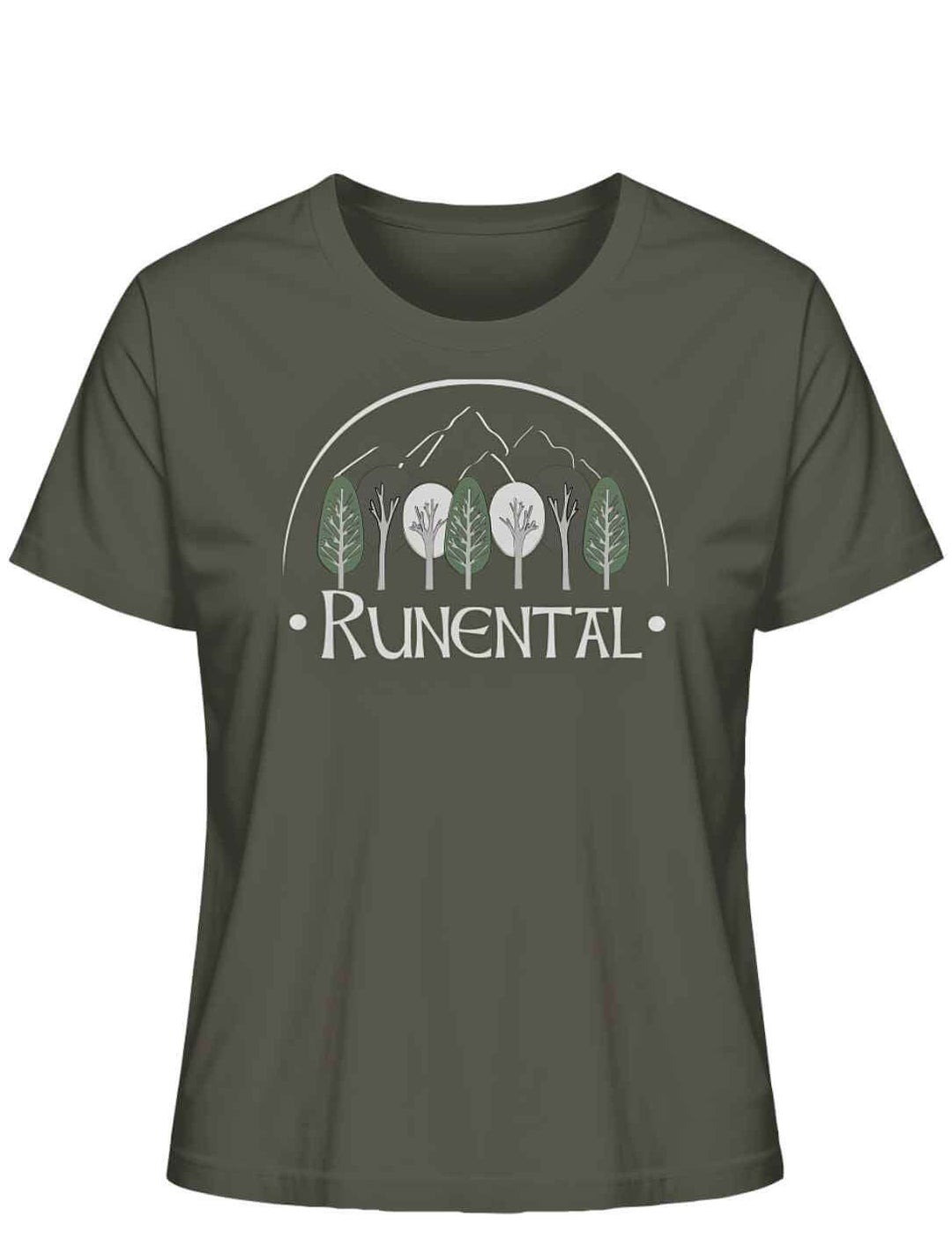 Khakifarbenes “Runental Fan-Kollektion” Damen Organic T-Shirt auf weißem Hintergrund, Frontalansicht – Natürliche Erdtöne vereint mit Runental-Mystik.