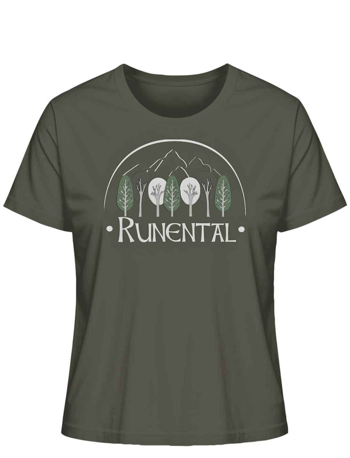 Khakifarbenes “Runental Fan-Kollektion” Damen Organic T-Shirt auf weißem Hintergrund, Frontalansicht – Natürliche Erdtöne vereint mit Runental-Mystik.
