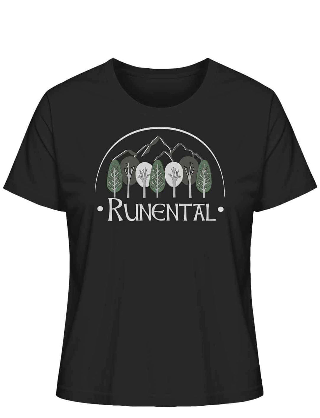 Schwarzes “Runental Fan-Kollektion” Damen Organic T-Shirt auf weißem Hintergrund, Frontalansicht – Stilvolle Vereinigung von Mythologie und Nachhaltigkeit.