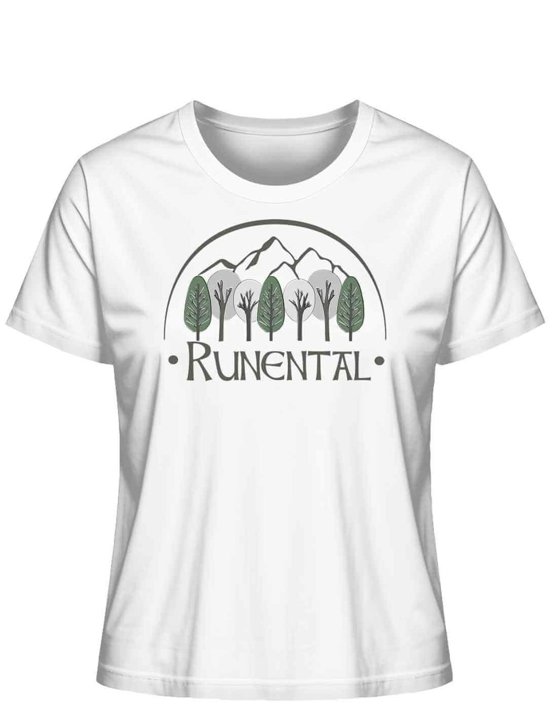 Weißes “Runental Fan-Kollektion” Damen Organic T-Shirt auf weißem Hintergrund, Frontalansicht – Zeitlose Eleganz mit tief verwurzelter Symbolik.