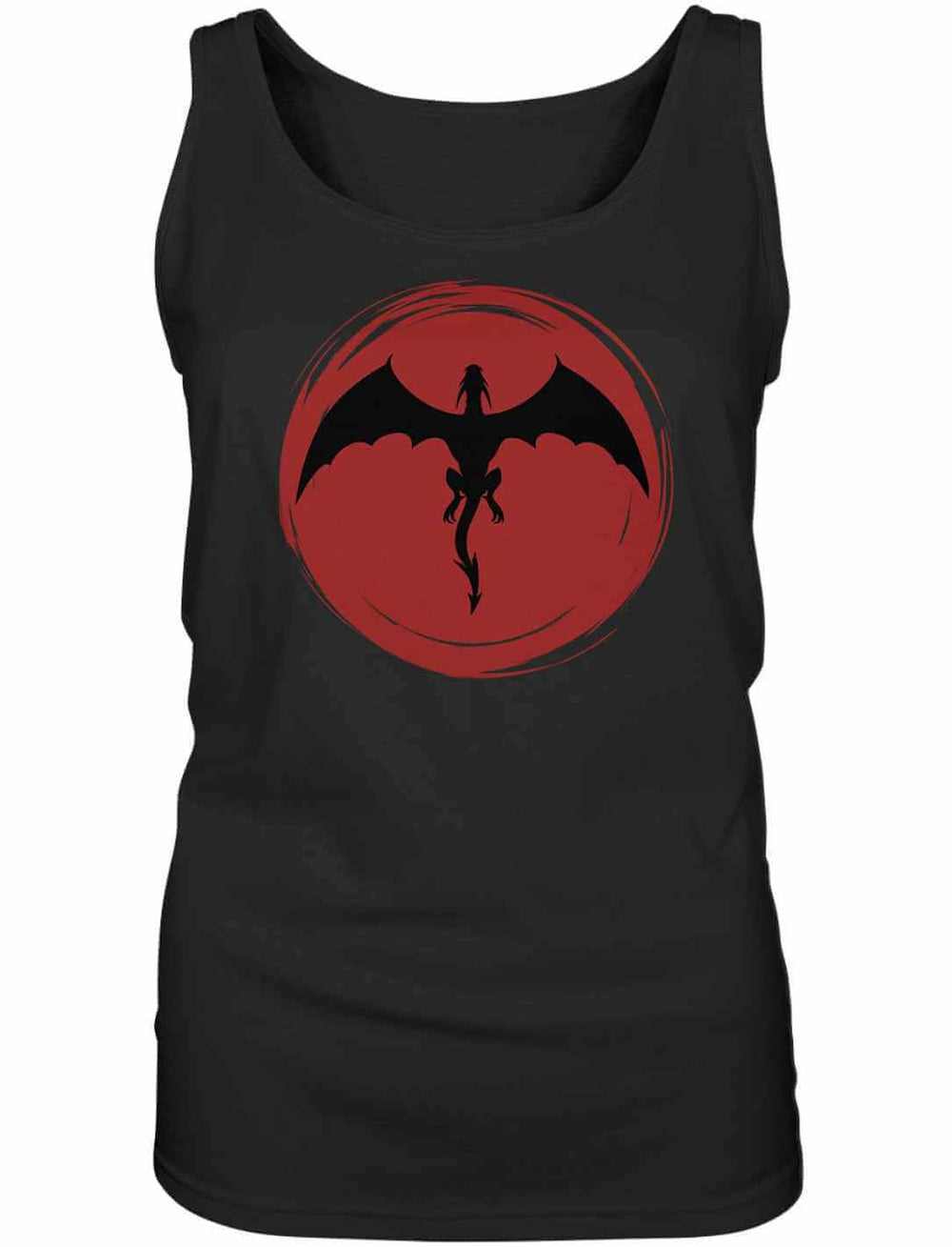 Schwarzes 'Saga of the Dragon' Organic Damen Tank Top in Liegeansicht auf reinweissem Hintergrund, hervorhebend das kraftvolle Drachen-Design.