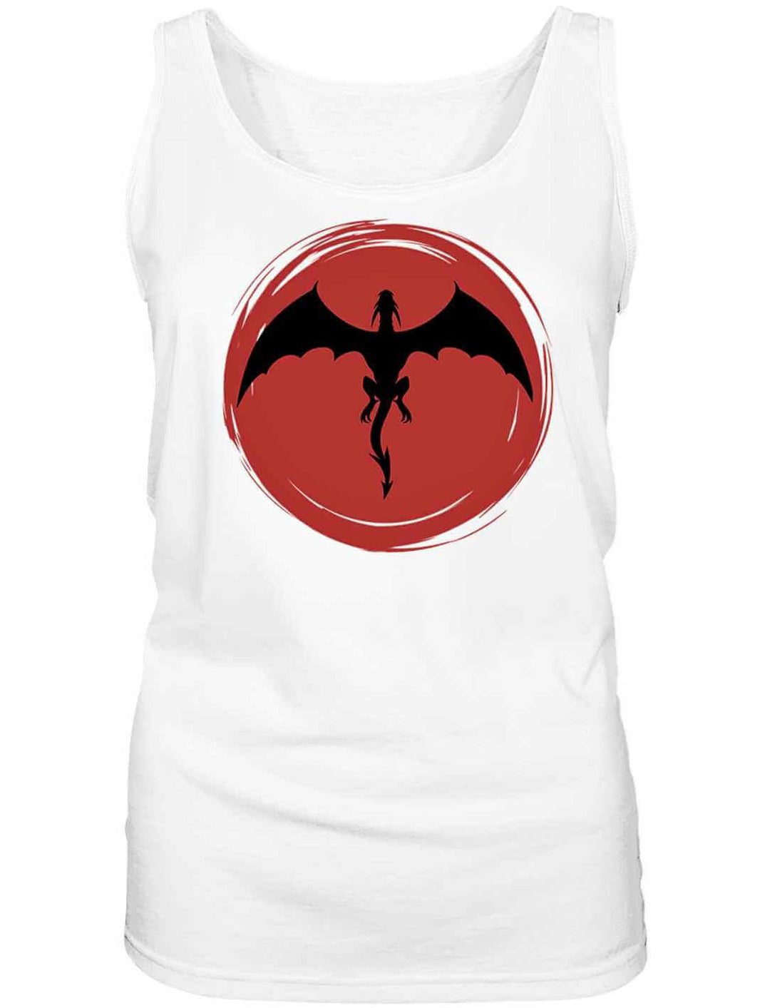 Weisses 'Saga of the Dragon' Organic Damen Tank Top in Liegeansicht auf reinweissem Hintergrund, mit detailreichem Drachenmotiv.