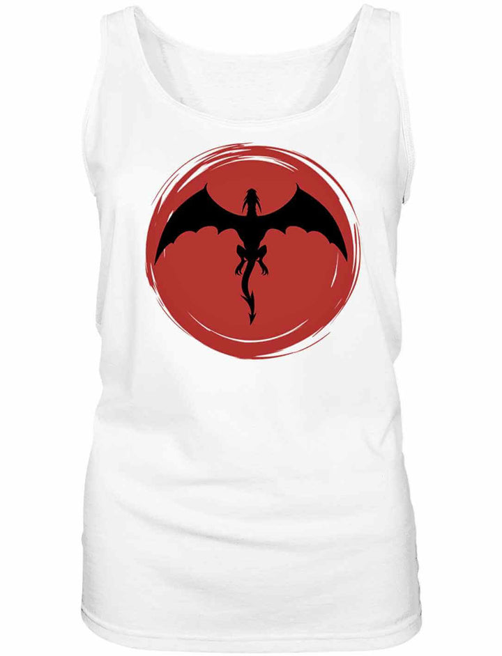Weisses 'Saga of the Dragon' Organic Damen Tank Top in Liegeansicht auf reinweissem Hintergrund, mit detailreichem Drachenmotiv.